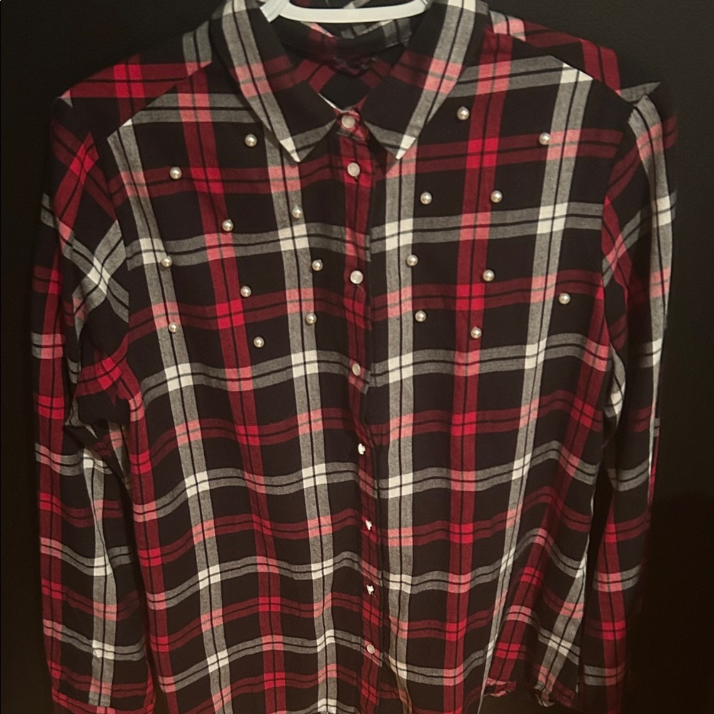 Red and Black Plaid Button Down Shirt with Pearl Accents